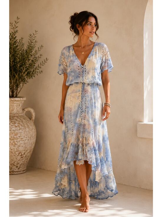 Young Fabulous & Broke Dresses & Skirts - Young Fabulous & Broke Costa Blue Tie Dye Eyelet Maxi Dress Small Feminine Boho